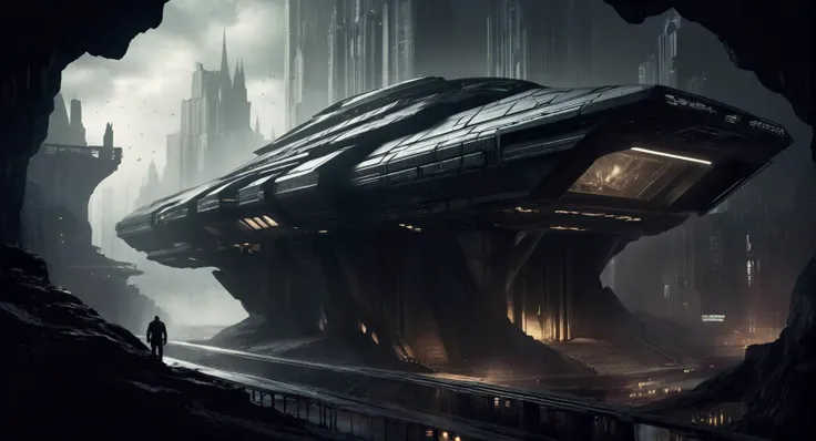 Dark Fantasy Art of  <lora:Gotham City:1.2>
Gotham City a futuristic batcave with a giant spaceship in the middle, dark, moody, dark fantasy style