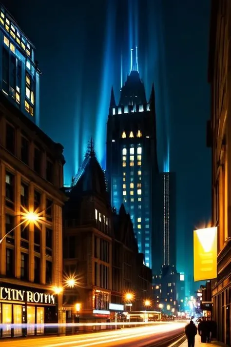 citty by night, scenery, glowing lights  <lora:Gotham City:1> gotham city