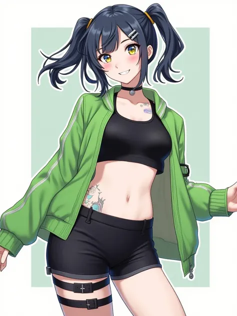 niji style, 1girl, solo, breasts, looking at viewer, smile, blue eyes, hair ornament, navel, twintails, jacket, yellow eyes, shorts, hairclip, mole, collar, tattoo, thigh strap, heterochromia, black shorts, piercing, mole under mouth, green jacket