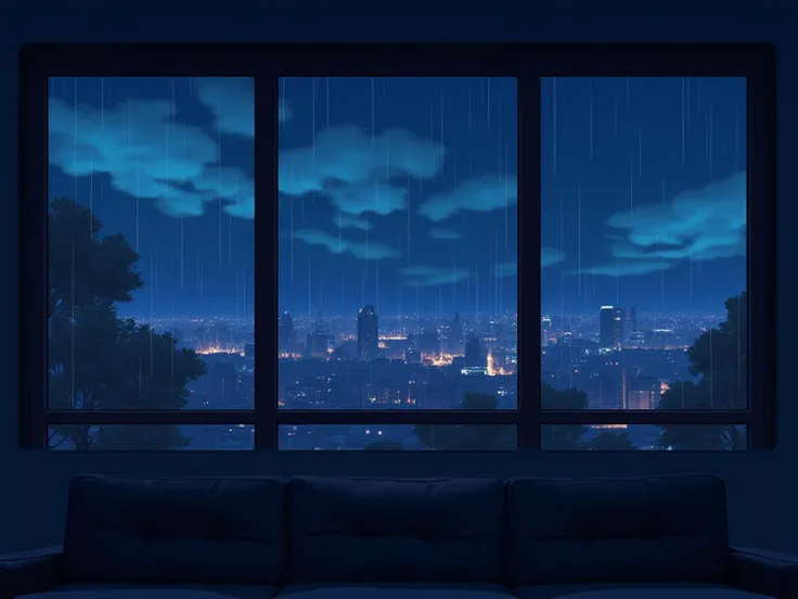 niji style, sky, cloud, indoors, no humans, window, night, star (sky), night sky, scenery, couch, rain, city, cityscape, city li...