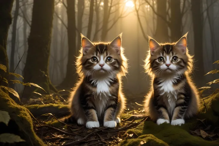 there are two cats sitting on the ground in the woods