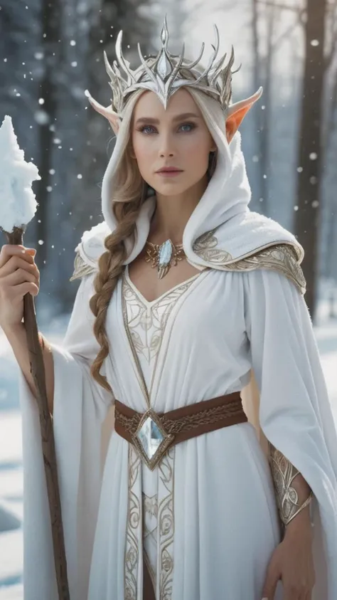 a woman in white dress holding a wand and a white hat