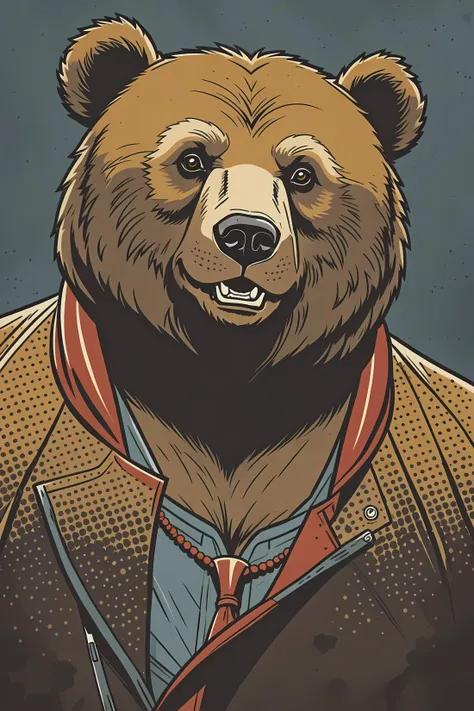 a close up of a bear wearing a jacket and tie