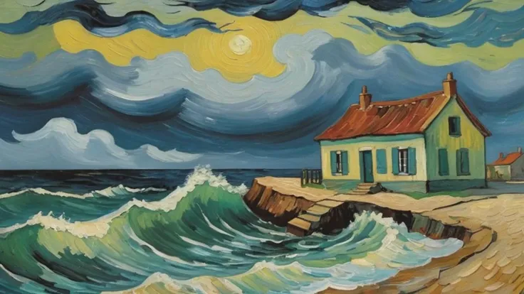 painting of a house on a beach with a wave coming in