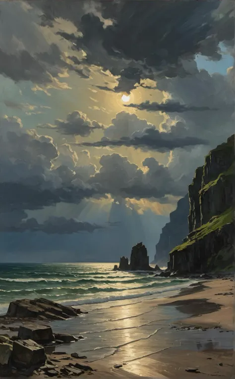 painting of a beach with rocks and a cloudy sky