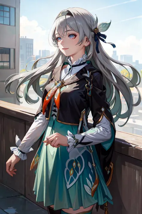 smile, cowboy shot,  <lora:firefly-v2-kozue:1> 1girl, blue eyes, grey hair, long hair, hair ornament, black hairband, long sleeves, green skirt, green thighhighs,  <lora:Range_murata_style_v02:0.8>, ultra detailed, masterpiece, best quality, aesthetic, det...