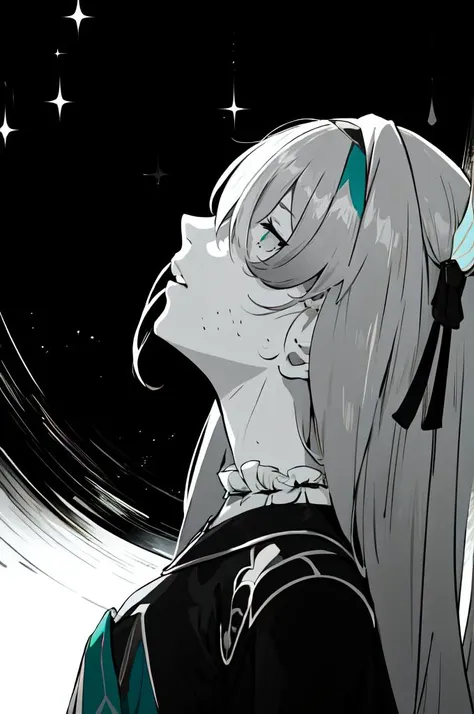 anime girl with long hair and black and white outfit looking up at the stars