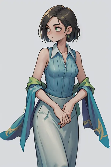 a cartoon image of a woman in a blue dress and a blue scarf