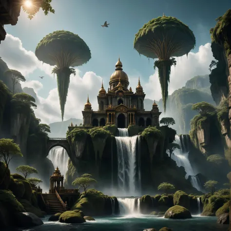 cinematic film still ((flying islands in the sky)), epic fantasy overgrown temple scene, waterfalls, , steampunk . shallow depth of field, vignette, highly detailed, high budget, bokeh, cinemascope, moody, epic, gorgeous, film grain, grainy