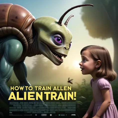 animation movie advertisement with text "How to train an Alien", about how a little girl befriends a scary looking large alien insect