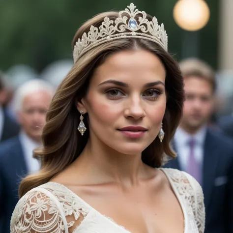 closeup photo of a 28 year old princess wearing a white intricate dress