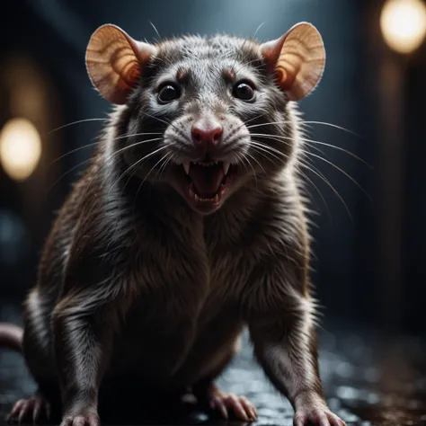 cinematic film still, a rat demon, wrathful eyes, sharp teeth, dark atmosphere, shallow depth of field, vignette, highly detailed, high budget, bokeh, cinemascope, moody, epic, gorgeous, film grain, grainy