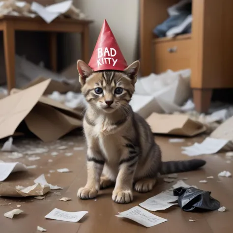 photo of cute anthropomorphic kitten, looking sad, confused, looking guilty, wearing pointy hat with "bad kitty" written on it, sitting among broken stuff and damaged furniture in the background, big mess, paper snippets, garbage everywhere, fallen objects...