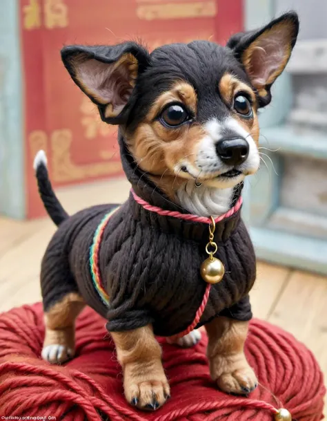 w00len <lora:WoolifySDXLv1:1>, a photorealistic close up picture of a Chaweenie dog made out of wool and yarn, wearing a yarn outfit, chinatown yarn backdrop, yarn, (highly detailed:1.0),(masterpiece, best quality, realistic, detailed:1.1)