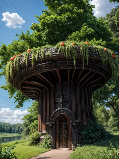 a close up of a tree house with a walkway and a path