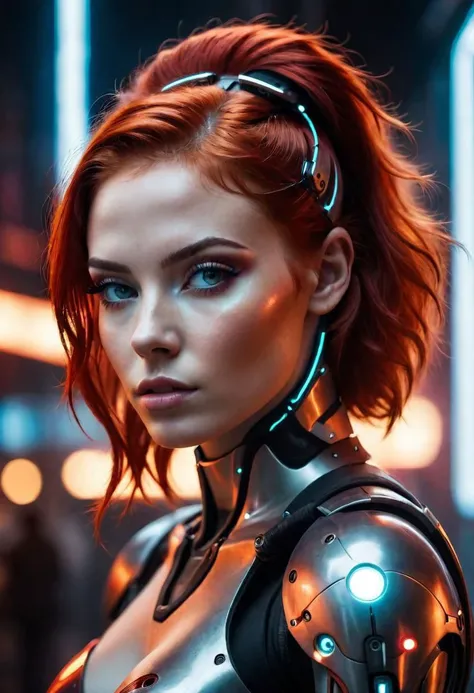 A Photograph capturing the essence of a young cyborg woman with fiery red hair. Her face fills the frame, bathed in neon hues, exuding determination and mystery amidst a futuristic backdrop.