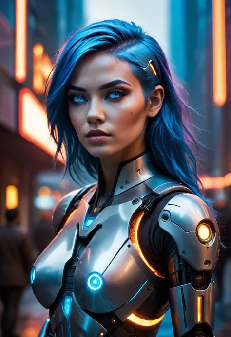 A Photograph  capturing the essence of a young cyborg woman ,  standing tall  with fiery blue hair in the mid ground of a futuristic city,  Her face fills the frame, bathed in neon hues, exuding determination and mystery amidst a futuristic backdrop.