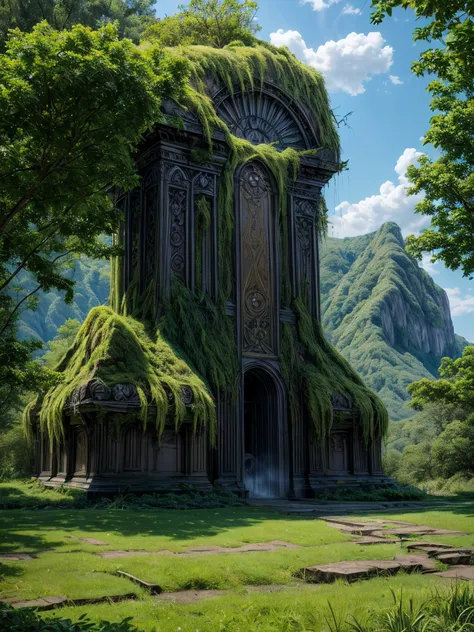 a painting of a building with a mossy roof in the middle of a forest