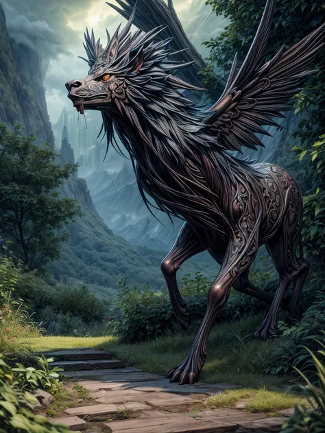 a painting of a mythical creature with a long tail and a long tail