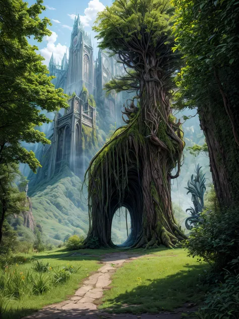 a painting of a castle in the middle of a forest