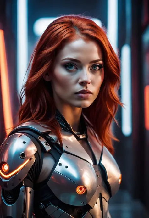 A Photograph capturing the essence of a young cyborg woman with fiery red hair. Her face fills the frame, bathed in neon hues, exuding determination and mystery amidst a futuristic backdrop.