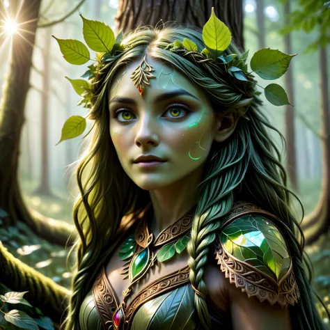 maximum fidelity, ultra high detail, ultra HD, Panavision Millennium DXL2 8k, 

In the heart of the ancient woodland, a forest dryad stands, her form a seamless blend of bark and foliage. Cloaked in hues of mossy greens and earthy browns, her attire mirror...