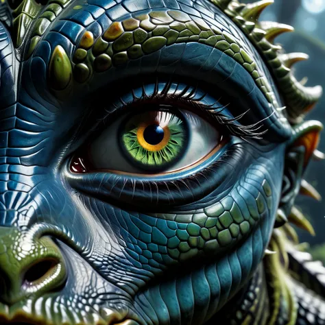 a close up of a dragon's eye with a green and blue dragon's head