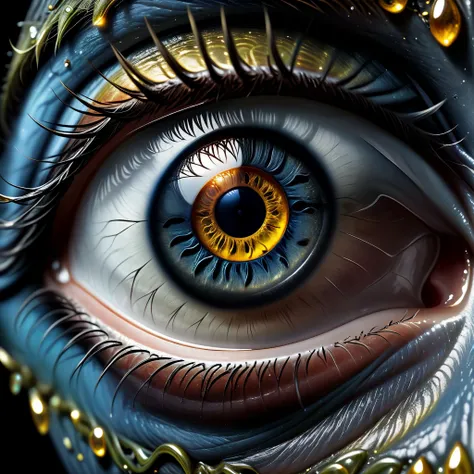 there is a close up of a blue eye with gold decorations