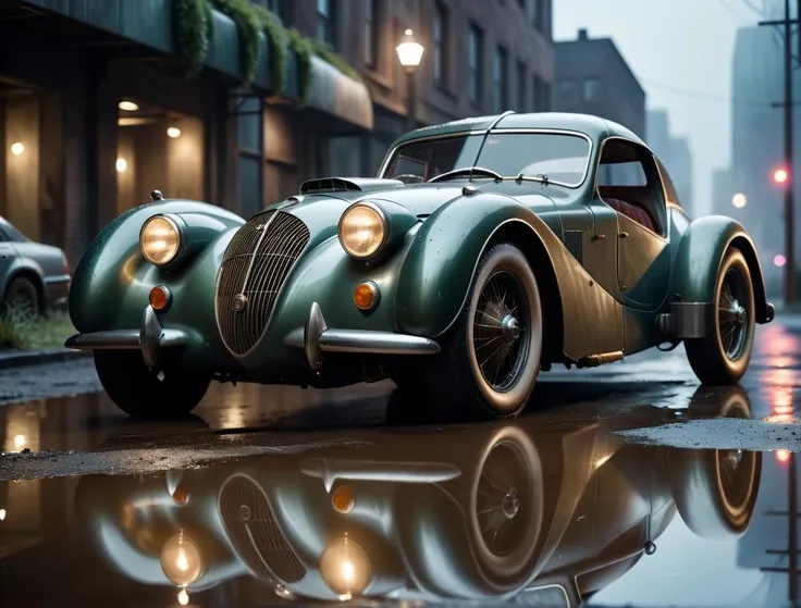 a close up of a green car parked on a wet street