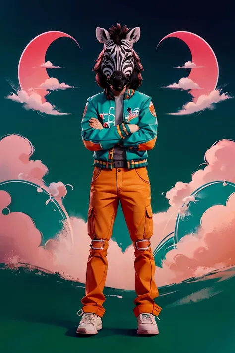 HLMCorey, woman, teal jacket, orange pants, white shoes, zebra mask, looking at viewer, full body shot, standing, arms crossed, outside, beach, ocean, vaporwave, pink sky, high quality, masterpiece, <lora:HLMCorey:.8>