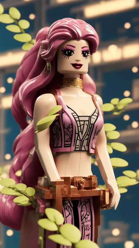 a close up of a lego figure of a woman with pink hair