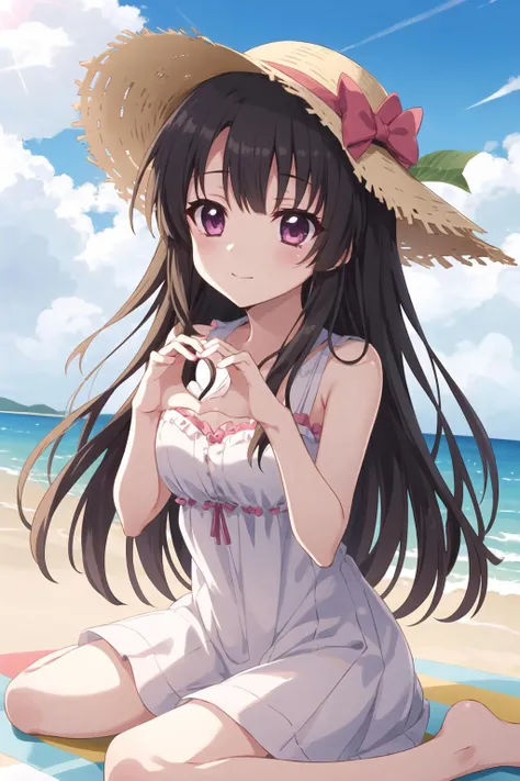 1girl, solo, ichikishima mizuha (re:stage!), black hair, very long hair, darkmagenta eyes, (sundress, sun hat:1), (heart hands:1.2), (wariza:1), beach, <lora:ichikishima mizuha v1 test12-000018:0.8>