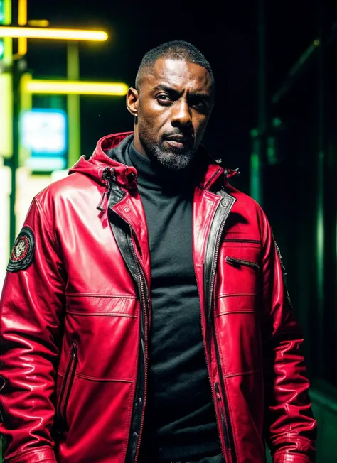 a man in a red jacket standing in a dark alley