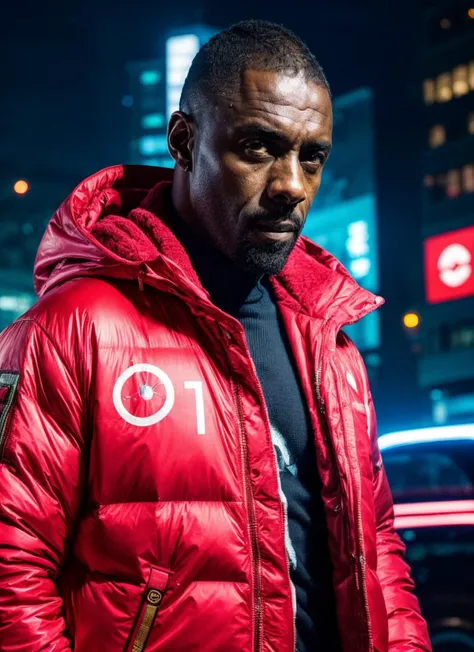 a close up of a man in a red jacket standing in the street