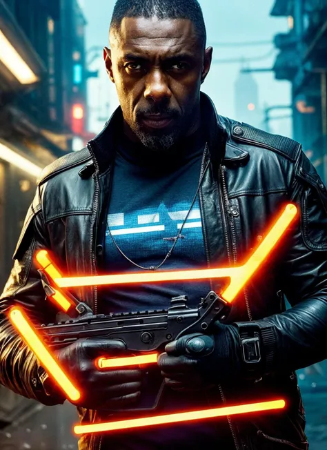 a man in a leather jacket holding a gun with neon lights