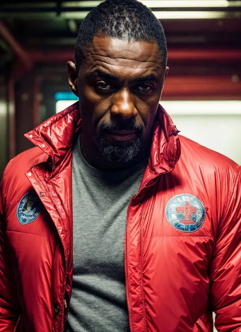 a close up of a man in a red jacket standing in a hallway