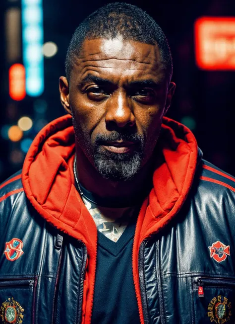 a close up of a man in a leather jacket standing in a city