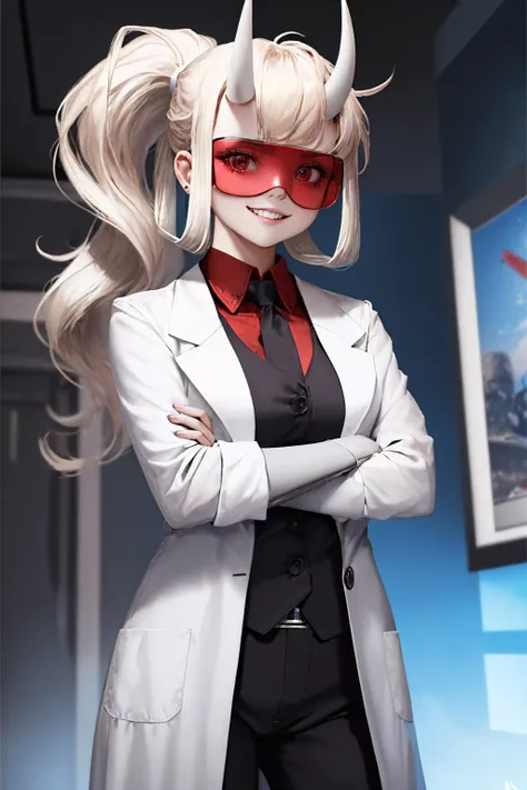 (masterpiece, best quality:1.2), solo, 1girl, htloremaster, mechanical arms, evil grin, looking at viewer, crossed arms, ponytail, horns, goggles, tinted eyewear, open clothes, labcoat, red shirt, black necktie, black pants <lora:helltaker_loremaster-13:1>