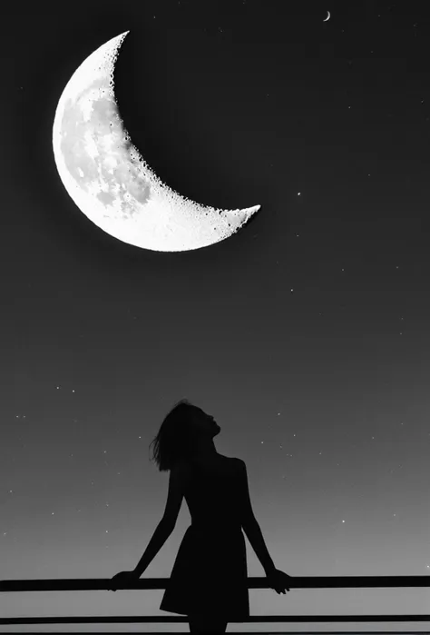 a woman standing on a balcony looking at the moon