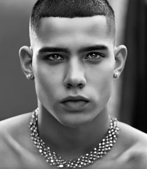 ,1boy,monochrome,greyscale,male focus,realistic,solo,jewelry,bracelet,necklace,looking at viewer,tank top,mole,blurry,very short...