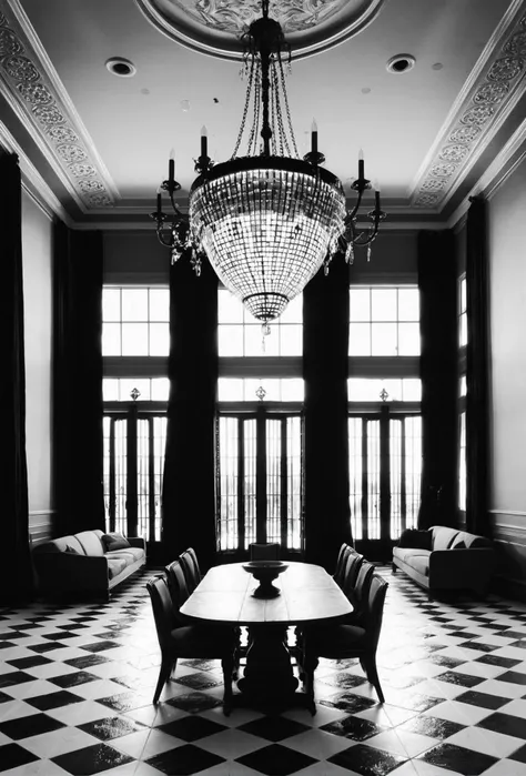 a black and white photo of a dining room with a chandelier