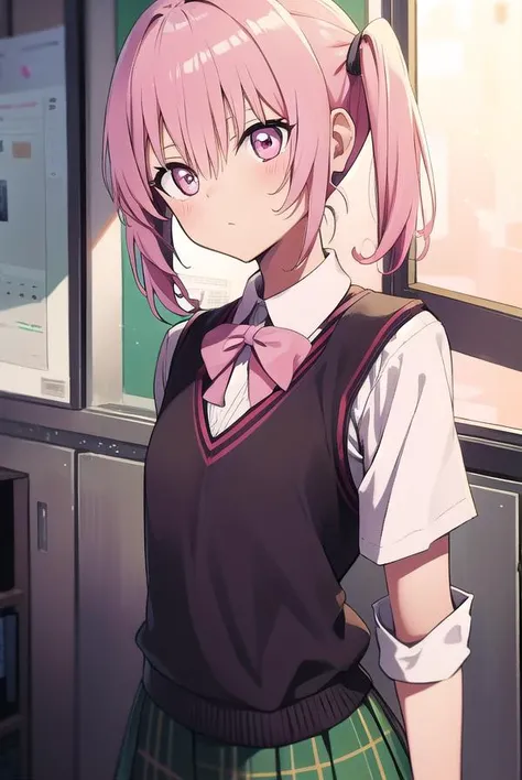 anime girl with pink hair and green skirt standing in front of a window