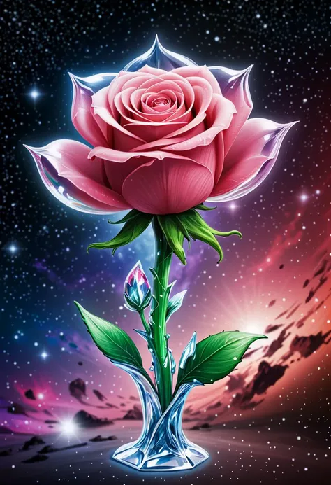 a pink rose in a glass vase with a star background