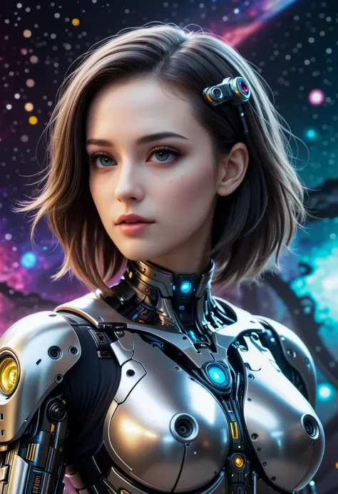 an award winning photograph of a beautiful woman, halo, intricate cyberpunk robot, highly detailed, soft bokeh Deep space nebula background, art by mooncryptowow and popular science