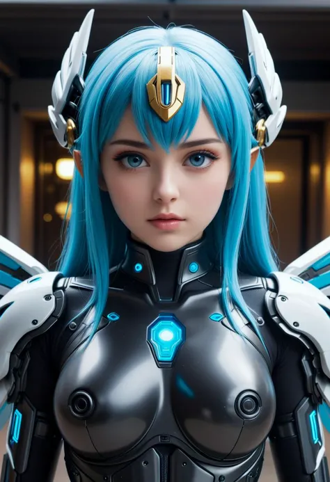 masterpiece, best quality, 1girl, solo, mechanical wings, blue eyes, wings, looking at viewer, long hair, covered navel, blue hair, bodysuit, medium breasts, mecha musume, lips, ponytail, bangs, aqua hair, skin tight, parted lips, headgear, highres, 4k, 8k...