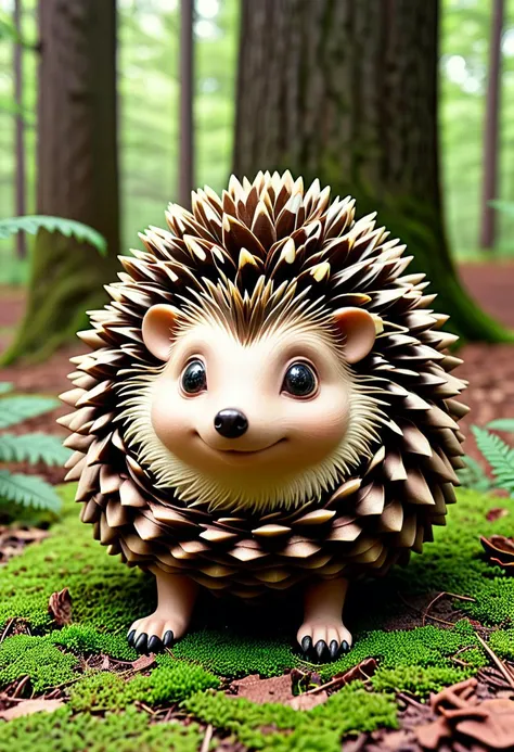 hedgehog in the forest, made of pinecone,