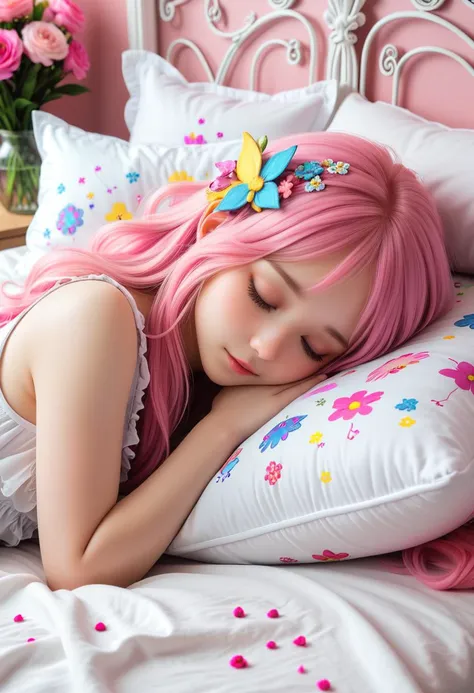 there is a woman with pink hair laying on a bed