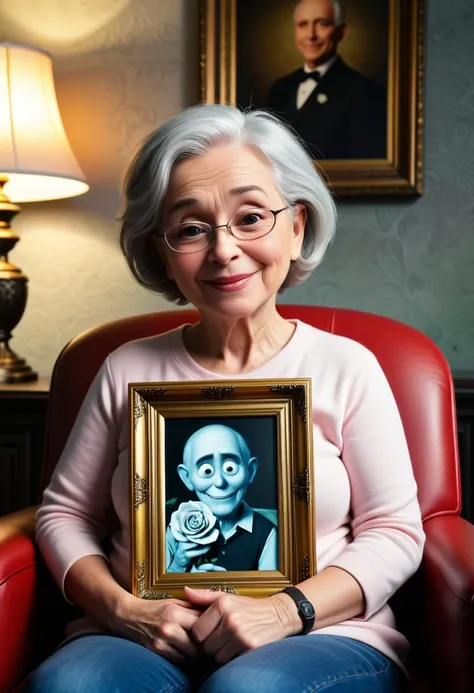 pixar character ,pixar style,a grandmother ,cute smile holding a rose,hugging dead husbands picture frame, seating at the chair,loved, emotional,watery eyes,very detailed face,living room background,  (a picture frame of the death husband at ht wall ) (bes...