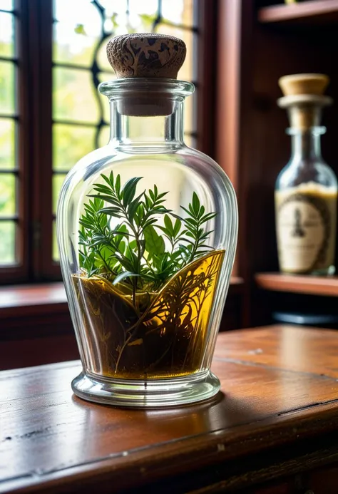 freshly made magical herbal potion in an ornate glass bottle on the table, in an ancient apothecary, angled shot, midday warm, Nikon D850 105mm, close-up