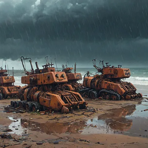 (beach:1.5) where dozens of rusty ( machines:1.3) (rainstorm:1.3) in the style of (Simon Stalenhag:1.2)